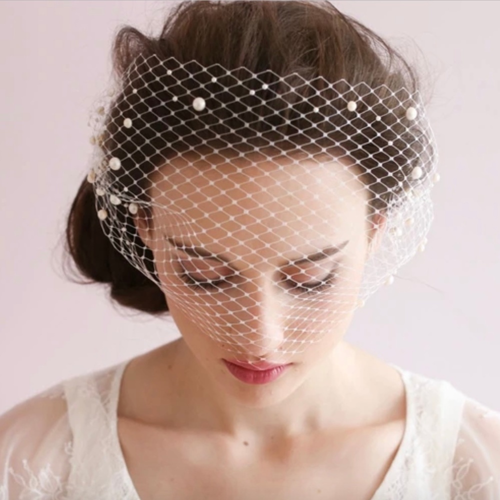Twigs & Honey Bridal Birdcage Veil Hairnet with Pearls - White